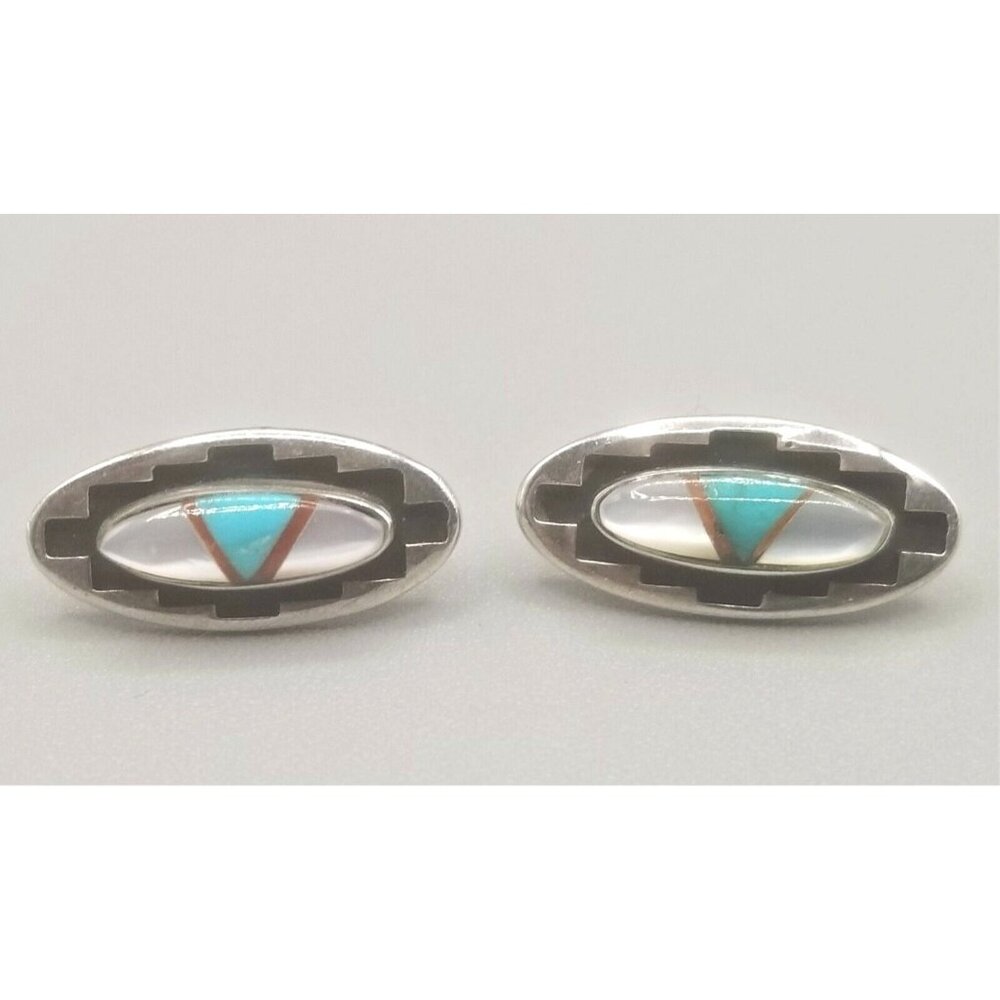 Teme Sterling Silver Zumi Inlayed Stones Native American Earrings Signed